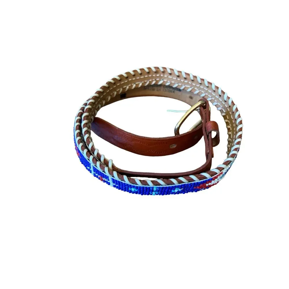 Vintage Hand‑Beaded Cowhide Leather Belt